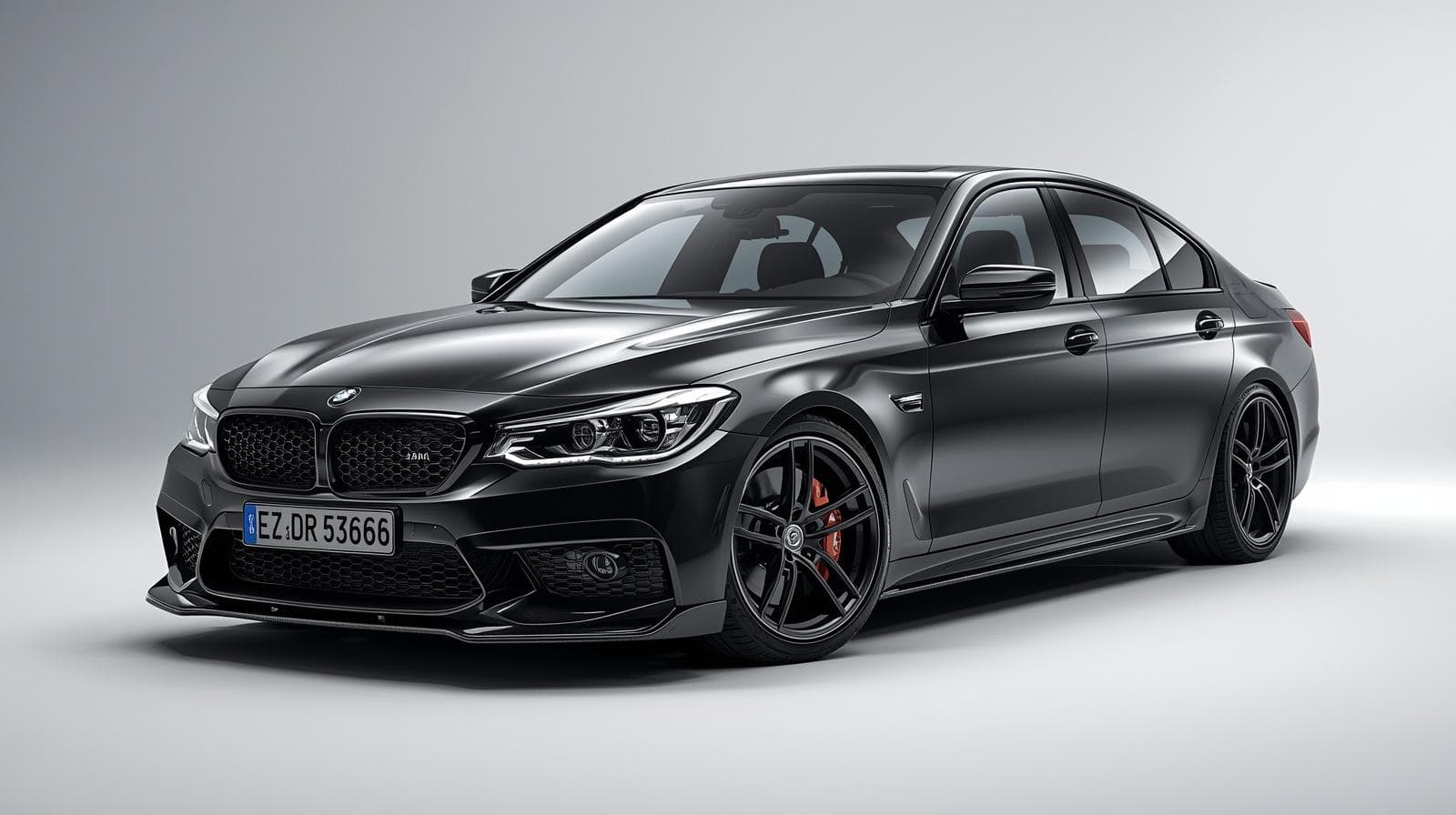 BMW M5 with professional chrome delete showing blacked out window trim, grille, and badges in satin black finish