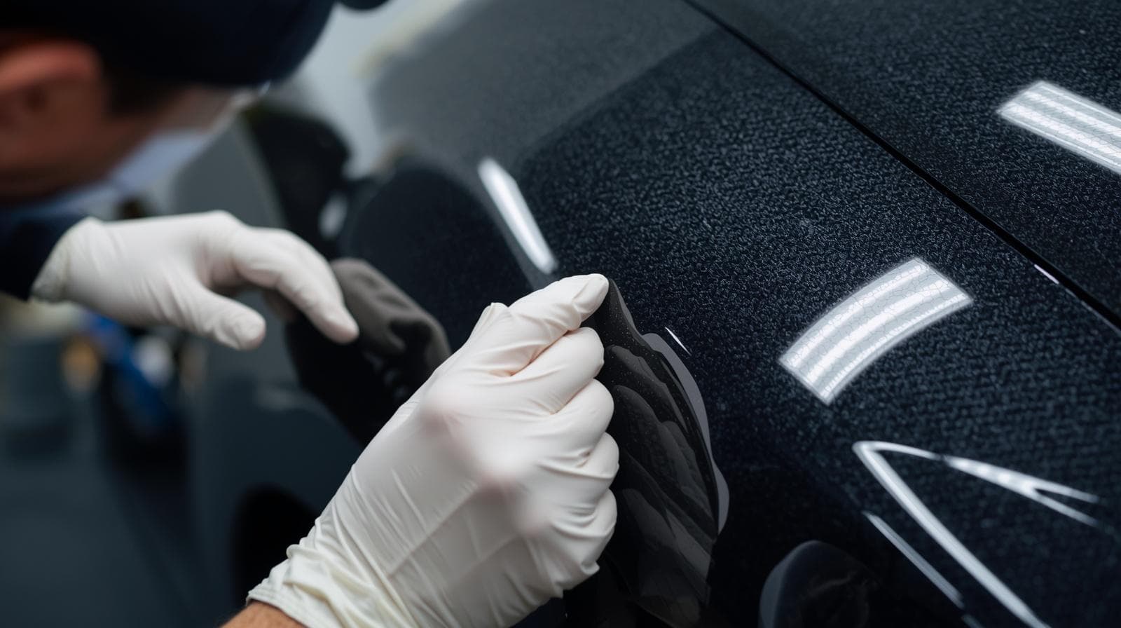 Professional installer carefully applying vinyl wrap to a vehicle panel