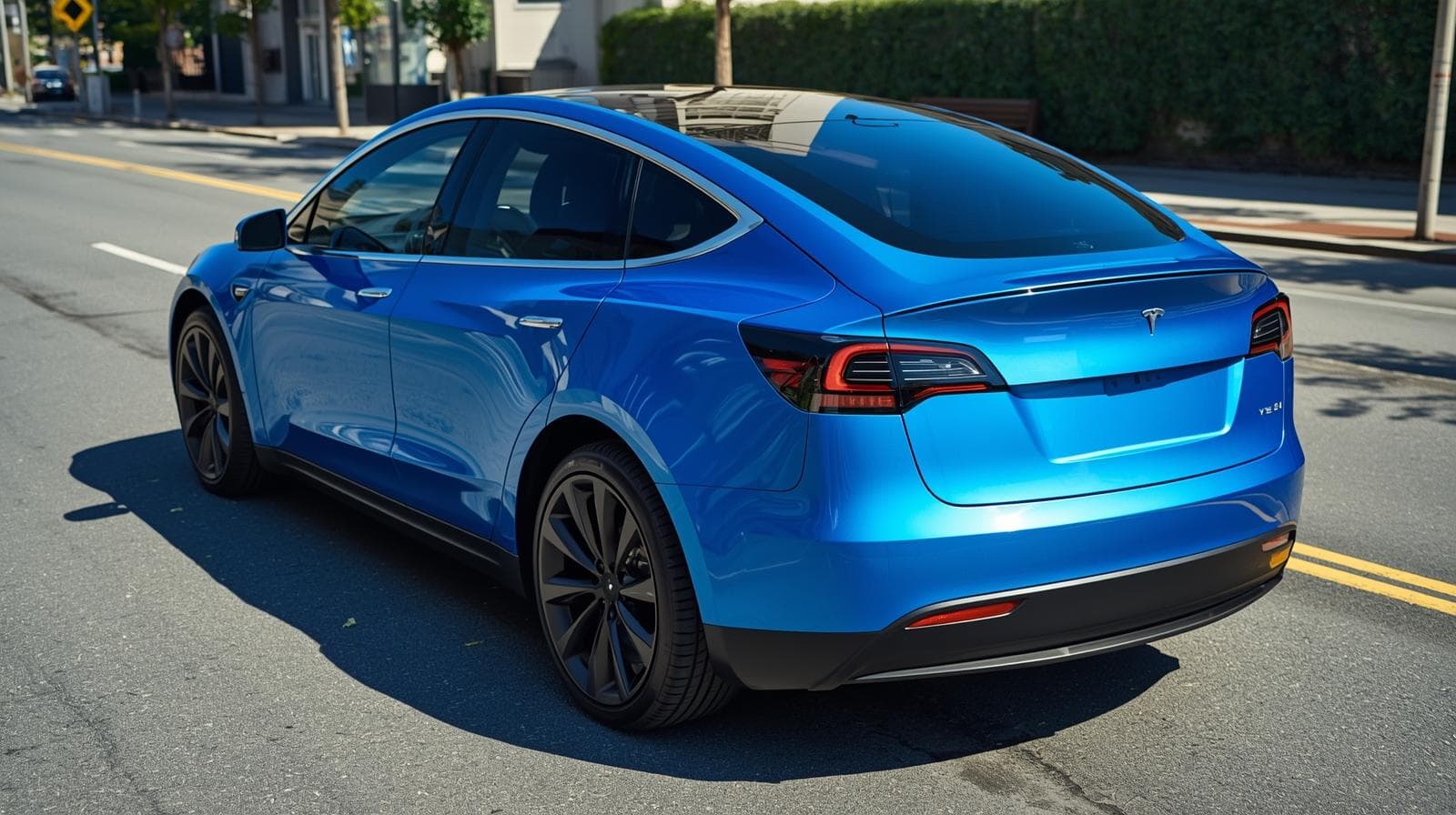 Tesla Model 3 wrapped in satin deep blue vinyl finish on city street