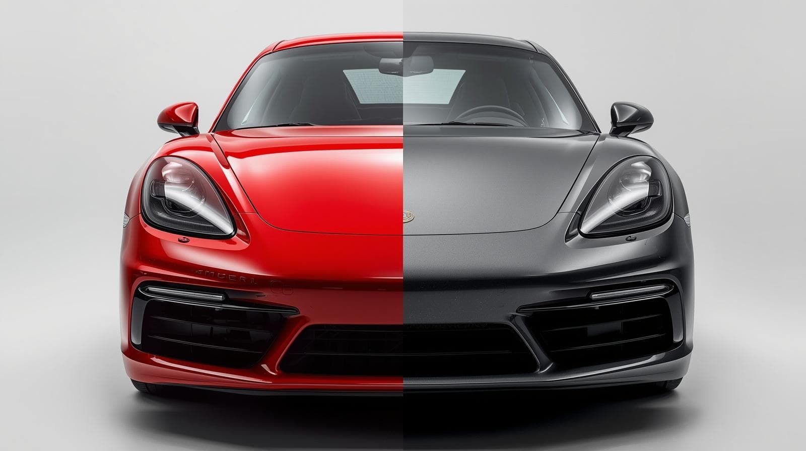 Side-by-side comparison of gloss red and matte gray vinyl wrap finishes on a sports car